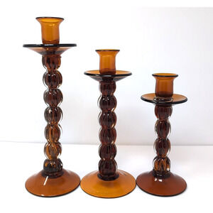 VTG Bombay Company Candlestick Trio Amber Brown Glass 3 Candle Holders 1 FLAWED